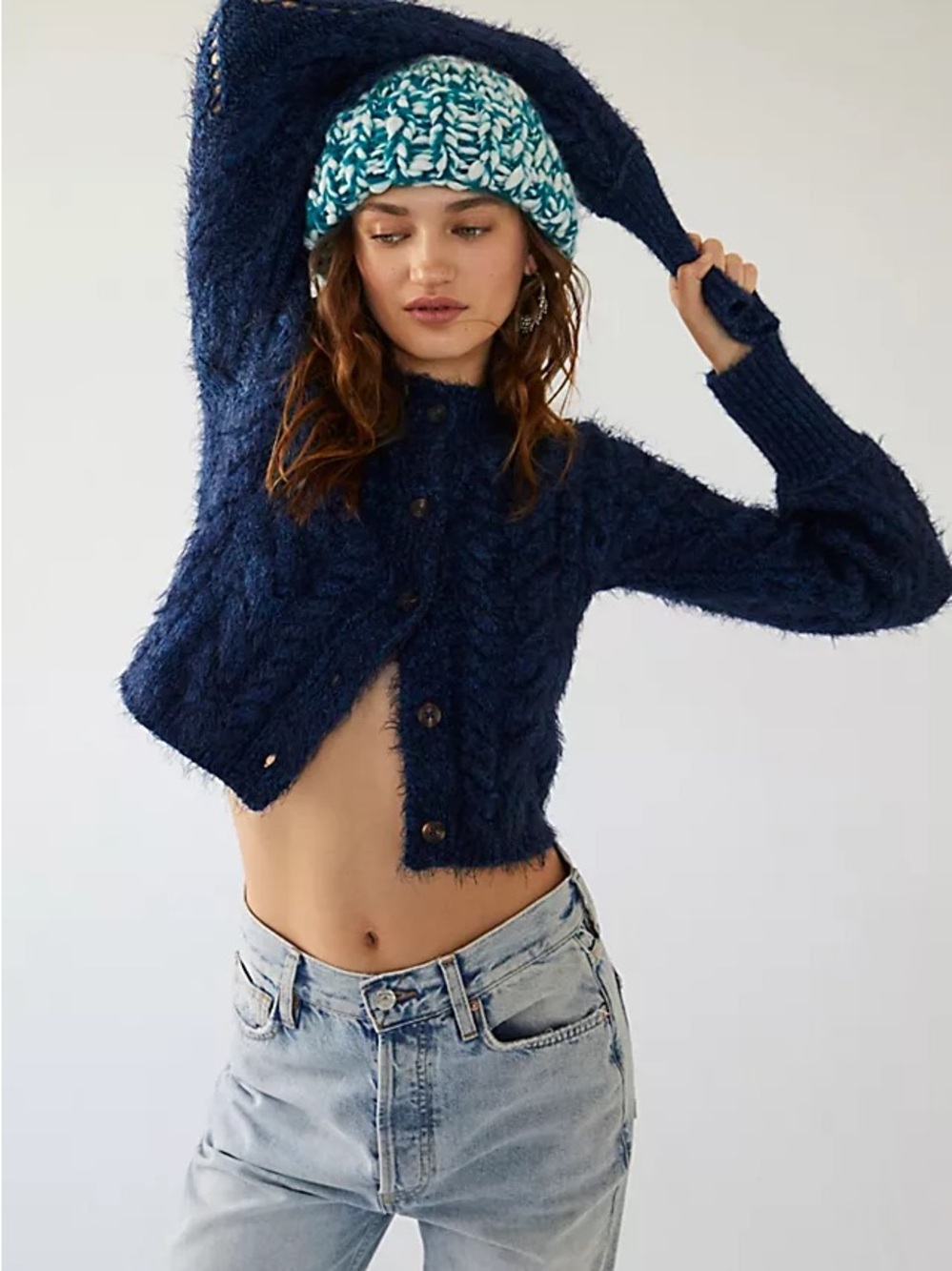 Free People Greta Cardi Navy Blue Size Small Cardigan Sweater